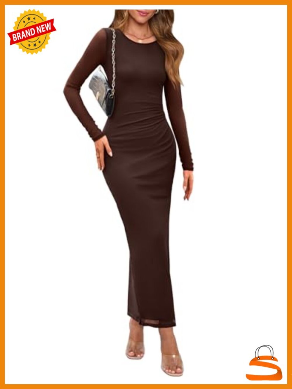 Womens Long Sleeve Ruched Bodycon Maxi Dress Mesh Club Party